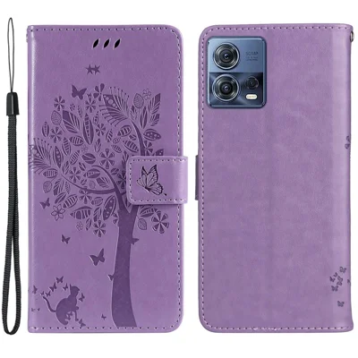 KT Imprinting Flower Series-3 voor Motorola Edge 30 Fusion 5G / Moto S30 Pro 5G Valbeveiliging PU Leren Telefoonhoesje met Gepreld Kattenboommotief Portemonnee Staande Telefoonhoes - Lichtpaars