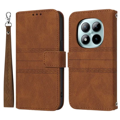For Xiaomi Redmi Note 15 Pro 5G (Global) Case Wallet Skin-Touch Leather Imprinted Phone Cover with Wrist Strap - Brown