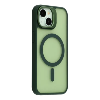 For iPhone 15 Hoesje Compatibel met MagSafe Lens Kickstand TPU + PC Matte Hoesje - Donkergroen