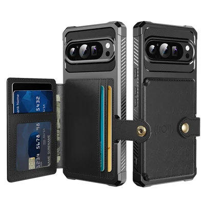 For Google Pixel 10 Pro XL Case with Card Holder PU Leather + TPU Phone Back Cover - Black
