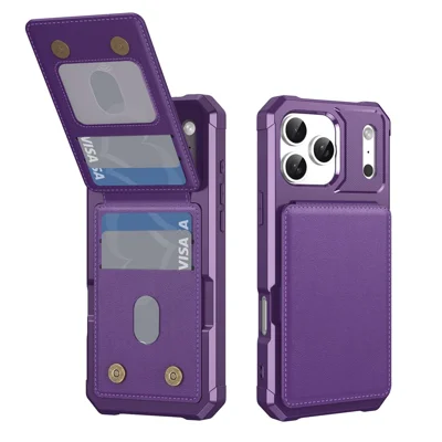 iPhone 17 Pro-hoes met kaartslot en standaard van PU-leer + TPU-telefoonhoes - Paars
