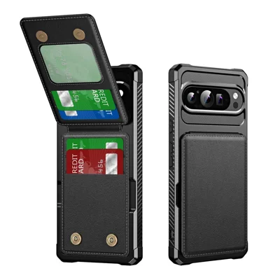 For Google Pixel 10 Pro XL Case with Card Slot Kickstand PU Leather + TPU Phone Cover - Black