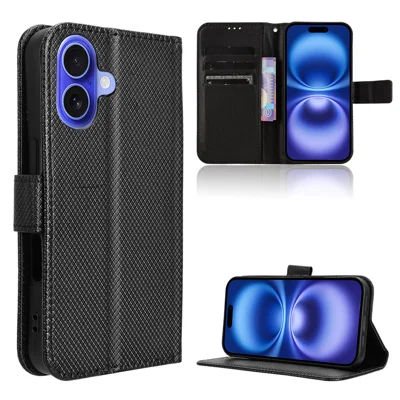 For iPhone 17 Leather Wallet Case with Strap Diamond Texture Phone Cover - Black