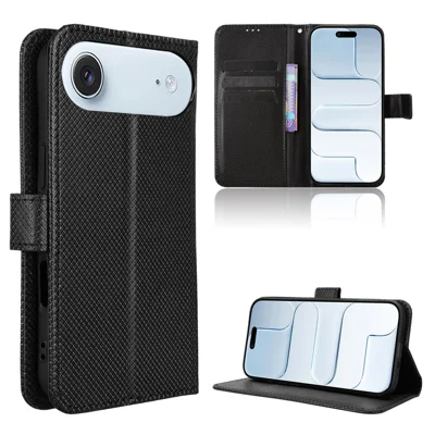 For iPhone Air Leather Wallet Case with Strap Diamond Texture Phone Cover - Black