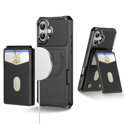 For iPhone 17 Magnetic Case Detachable Card Slot Kickstand Leather + TPU Phone Cover - Black