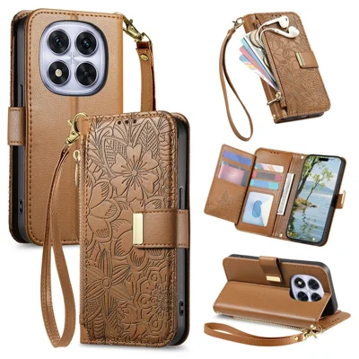 Funda de cuero con patrón floral de hojas, múltiples ranuras para tarjetas, cierre con cremallera y correa de muñeca para Xiaomi Poco M8 Pro 5G / Redmi Note 15 Pro+ 5G (Global) - Marrón