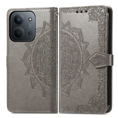Phone Case For Xiaomi Redmi 15C 4G (EU) (173mm) / 15C 5G (EU) (173mm) / Poco C85 4G (173mm) Wallet Mandala Flower Leather Cover Stand View - Grey