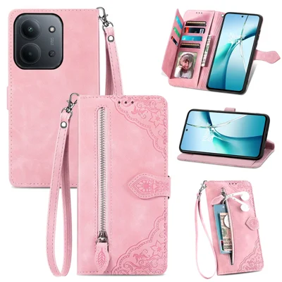Zipper Wallet Case with Strap For Xiaomi Redmi 15C 5G (EU) (173mm)  /  4G (EU) (173mm)  /  Poco C85 4G (173mm) Flower Imprint Leather Cover - Pink
