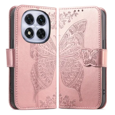 Til Xiaomi Redmi Note 15 Pro+ 5G etui med strogbånd, sommerfuglmønster i PU-læder, wallet-etui - rosegyldent