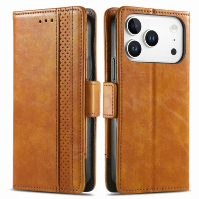 CASENEO voor iPhone 17 Pro Max hoesjes PU-leerhoes met standaard en RFID-blokkering portemonnee - Kaki