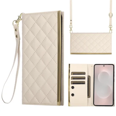 For Samsung Galaxy S25 Edge Case Suction Cup PU Leather Wallet Phone Cover with Straps - Beige