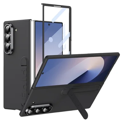 For Samsung Galaxy Z Fold6 5G Phone Case Kickstand PC Cover with Tempered Glass Screen Protector - Black