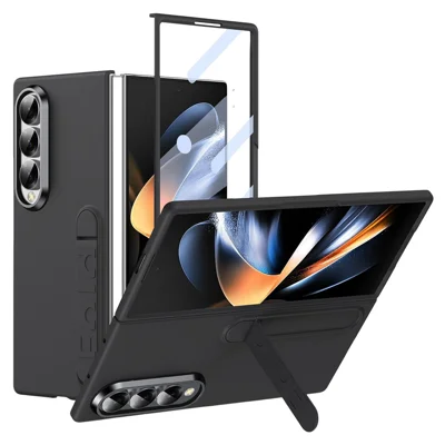 For Samsung Galaxy Z Fold4 5G Phone Case Kickstand PC Cover with Tempered Glass Screen Protector - Black