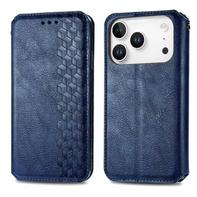 For iPhone 18 Pro Max / 17 Pro Max Case Rhombus Imprint PU Leather Wallet Phone Cover - Blue