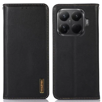 KHAZNEH For Xiaomi 15T Pro Case Wallet Genuine Cow Leather Phone Cover Nappa Texture - Black
