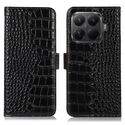 Voor Xiaomi 15T Pro Hoesje RFID-blokkering Portemonnee Krokodillenstructuur Echt Rundleder Telefoonhoes - Zwart