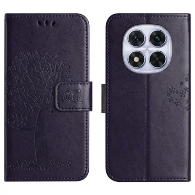 For Xiaomi Poco M8 5G / Redmi Note 15 5G (Global) Case PU Leather Owl Tree Imprinted Wallet Phone Cover with Strap - Dark Blue