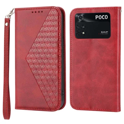 For Xiaomi Poco X4 Pro 5G Imprinted Rhombus Pattern Phone Stand Case Calf Texture PU Leather Wallet Magnetic Closure Cover with Strap - Red