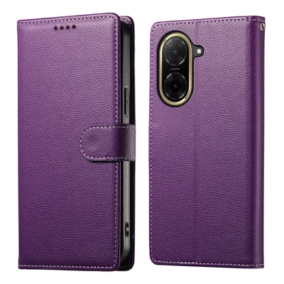 For Xiaomi Redmi A5 NFC (EU) (173.45mm) Case Magnetic Snap Litchi Texture Leather Wallet Phone Cover with Wrist Strap - Purple