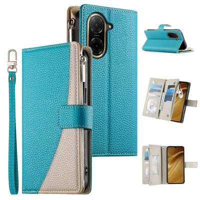 For Xiaomi Redmi A5 NFC (EU) (173.45mm) Case Zipper Wallet Color Splicing Leather Flip Phone Cover with Straps - Lake Blue
