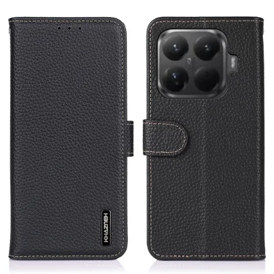 KHAZNEH For Xiaomi 15T Pro Case Genuine Cow Leather Flip Phone Cover - Black