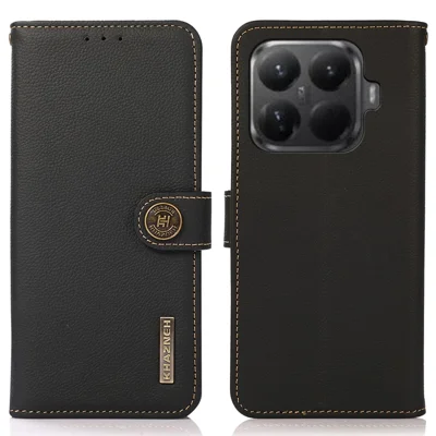 KHAZNEH for Xiaomi 15T Pro Case Genuine Cow Leather RFID Blocking Wallet Phone Cover - Black