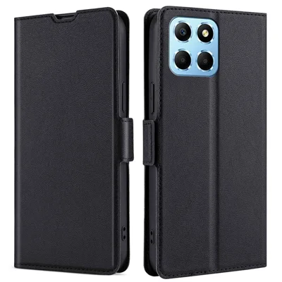 For Honor X8 5G / X6 4G PU Leather Stand Card Holder Case Full Protection Magnetic Clasp Phone Cover - Black