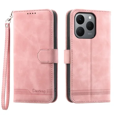 DIERFENG DF-03 For Realme 15T 5G Case Lines Imprint Wallet Leather Phone Cover with Wrist Strap - Pink