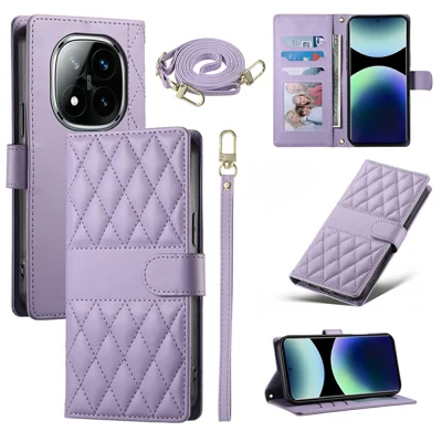 Portemonnee Hoesje voor Xiaomi Redmi Note 15 Pro+ 5G met Ruitvormige Steekdesign Staande Lederen Telefoonhoes met Lange / Korte Band - Paars