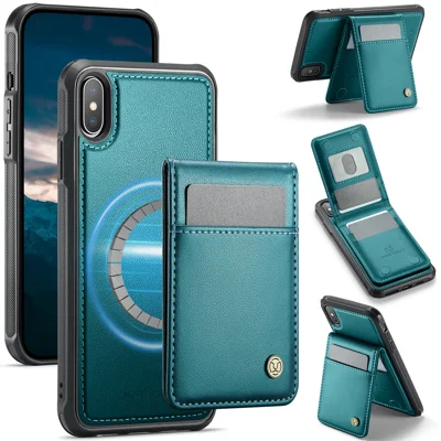 JEEHOOD For iPhone XS 5.8 inch / iPhone X Leather Back Cover Compatible with MagSafe  J06 Phone Case with Card Bag RFID Blocking - Blue