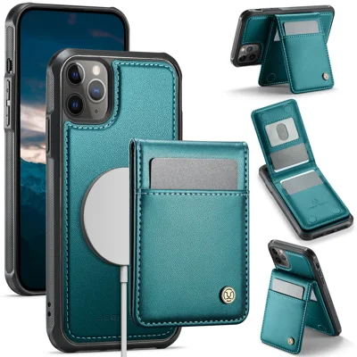 JEEHOOD For iPhone 11 Pro Max Leather Back Cover Compatible with MagSafe  J06 Phone Case with Card Bag RFID Blocking - Blue