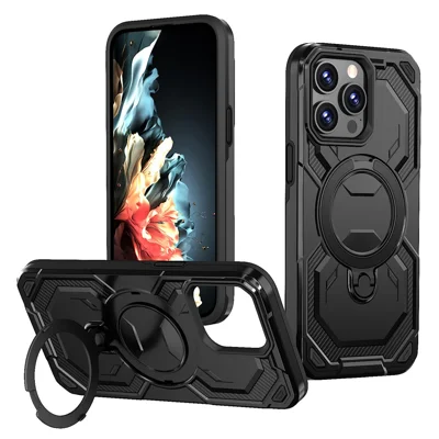 For iPhone 13 Pro Magnetic Case Ring Kickstand PC + TPU Hybrid Phone Cover - Black