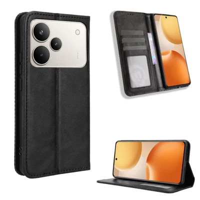 For Realme P4 Pro 5G Leather Case Wallet Stand Retro Texture Phone Cover - Black