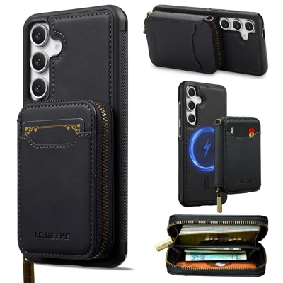 LC.IMEEKE L6 For Samsung Galaxy S24 FE Magnetic Case Detachable Zipper Wallet Leather Coated PC + TPU Phone Cover - Black