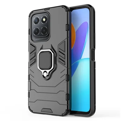 Ring Holder Kickstand Protective Phone Cover for Honor X8 5G, Hard PC Soft TPU Anti-scratch Hybrid Case - Black