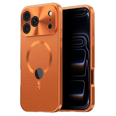 For iPhone 17 Pro Case Compatible with MagSafe PC + Metal Phone Cover with Anti Spy Screen Film - Orange