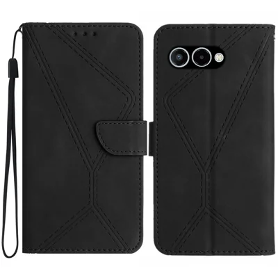 For T-Mobile T Phone 3 / T-Mobile REVVL 8 Case Skin Touch Lines Imprinted PU Leather Flip Phone Cover - Black
