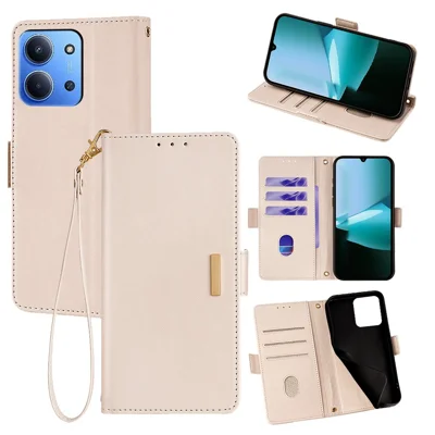 Wallet Case for Xiaomi Redmi 15C 4G (EU) (173mm) / 15C 5G (EU) (173mm) / Poco C85 4G (173mm) RFID Blocking Wallet PU Leather Phone Cover with Wrist Strap - White