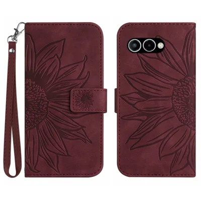 For T-Mobile T Phone 3 / T-Mobile REVVL 8 Case Sunflower Imprint Leather Wallet Phone Cover with Wrist Strap - Wine Red