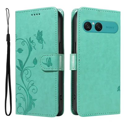 For Sony Xperia 10 VII PU Leather Cases Flower Pattern Wallet Stand Phone Cover with Strap - Green