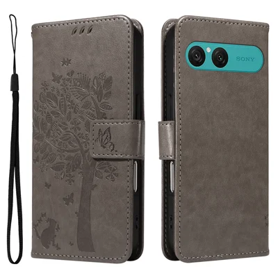 For Sony Xperia 10 VII Phone Case with Stand Cat Tree Pattern Leather Wallet Mobile Cover - Grey