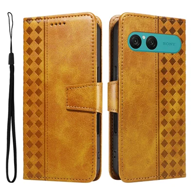 For Sony Xperia 10 VII Læderetui Wallet Ståfunktion Gridmønster Telefonbeskyttelse med Snor - Gul