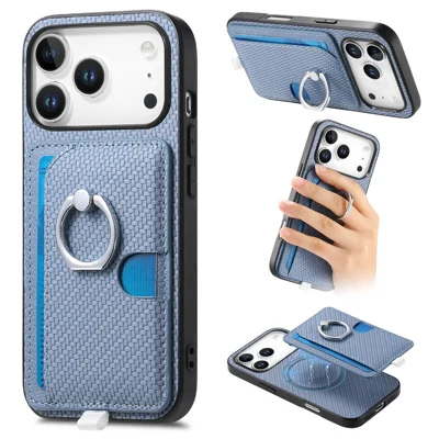 Voor iPhone 17 Pro Max hoesje met ring, standaard, lederen achterkant met magnetische afneembare kaarthouder - Blauw