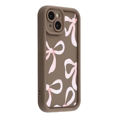 For iPhone 15 Plus Case Aesthetic Pattern Print TPU Shockproof Phone Cover - Big Bow / Brown