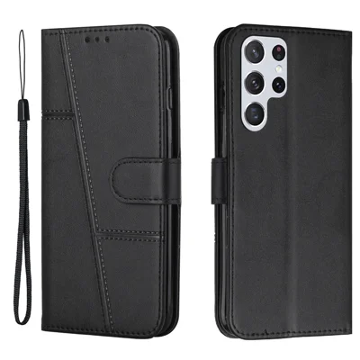 Für Samsung Galaxy S23 Ultra Stitching PU Leder Wallet Case Full Protection Folio Flip Phone Stand Cover mit Trageriemen - Schwarz