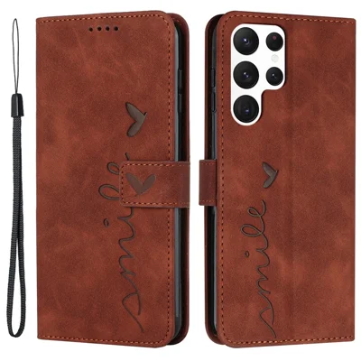 Full Protection Cell Phone Cover For Samsung Galaxy S23 Ultra, Skin-touch PU Leather Heart Shape Imprint Phone Case Flip Stand Wallet - Brown