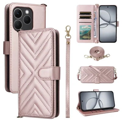 For Realme 15T 5G Case with Shoulder  /  Wrist Strap Leather Phone Cover Stand Wallet - Pink