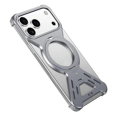 Bumpercase voor iPhone 17 Pro, compatibel met MagSafe, draaibare standaard, metalen telefoonhoes - Grijs