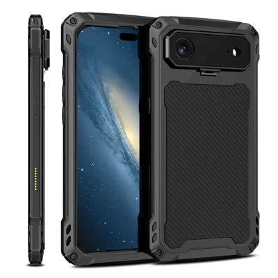 For iPhone Air Case Aluminum Alloy + Silicone Lens Kickstand Phone Cover with Tempered Glass Film - Black
