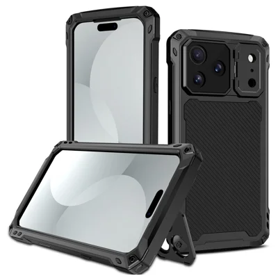 For iPhone 17 Pro Case Aluminum Alloy + Silicone Lens Kickstand Phone Cover with Tempered Glass Film - Black